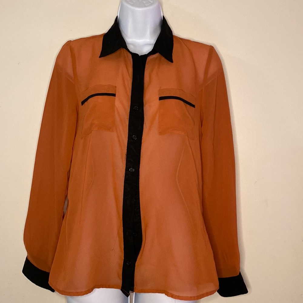 Orange and black, long sleeve, buttons down